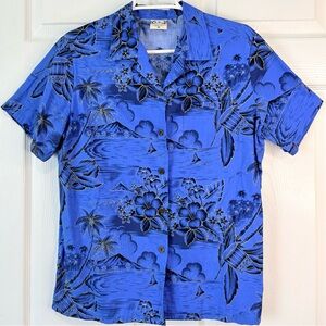 GO BAREFOOT Blue Hawaiian Tropical Tiki Button Up Shirt 100% Cotton Medium